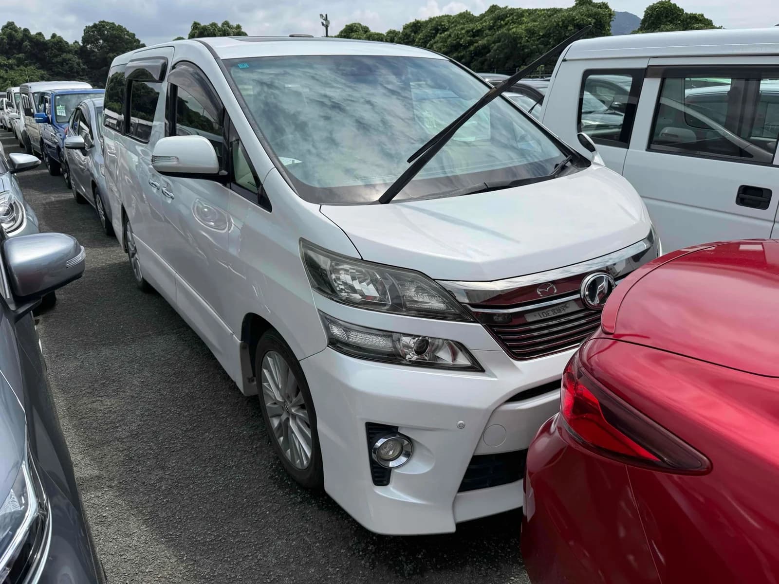 White Toyota Vellfire premium minivan front three-quarter view in auction lot